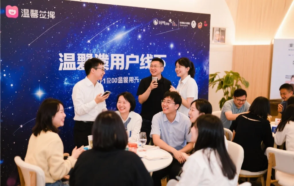 温馨的用户线下活动现场，用户们在轻松愉快的氛围中互动交流，背景布置有星空元素