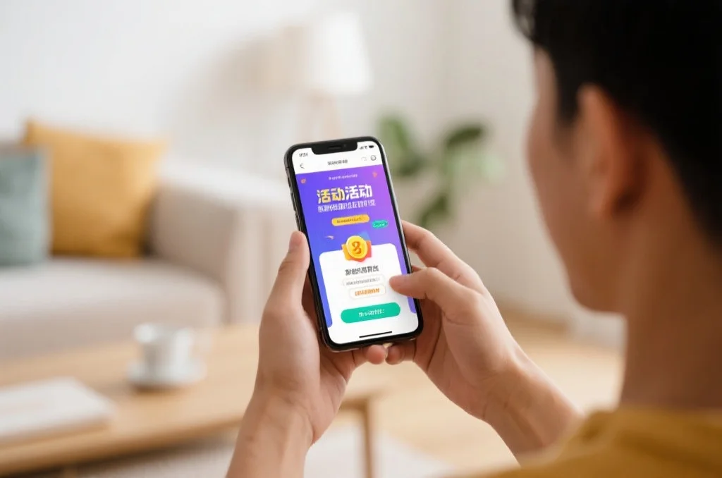 用户在明亮的客厅环境下通过手机参与线上活动，屏幕显示活动页面和奖励领取按钮