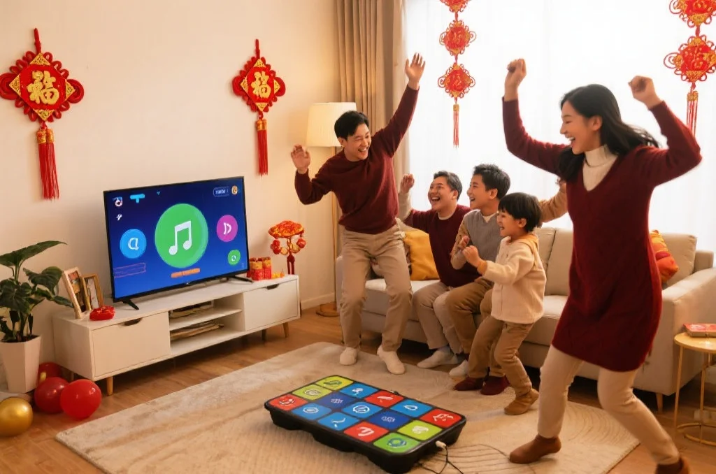 一家人在客厅里随着音乐跳舞，享受欢乐时光